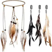 XunYee 4 Pack Feather Hair Clips Boho Headband Hippie Hair Extensions With Clip Comb Set for Women (Retro Style)