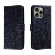 For iPhone 16 Pro Max Case, PU Leather Floral Lace Cover, Dark Blue