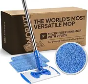 9" Flexible Mini Microfiber Mop System | Adjustable Stainless Steel Handle | 2 Reusable Microfiber Mop Pads | Machine Washable | Wet Mop for Hardwood, Laminate, Concrete, Tile, Stone, Vinyl Floors
