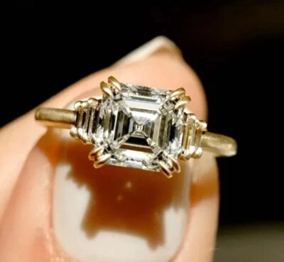 2Ct Asscher-Cut Moissanite Solitaire Engagement Ring 14K Yellow Gold Plated
