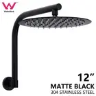 WELS Matte Black Round 12" Rainfall Shower Head Swivel Gooseneck Wall Arm Set