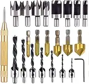 23-Pcs Woodworking Chamfer Drilling Tool, 6pcs 1/4" Hex 5 Flute 90 Degree Countersink Drill Bits, 7pcs Three Pointed Countersink Drill Bit with L-Wrench, 8PCS Wood Plug Cutter, and Automatic