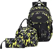 [goldwheat] School Backpack for Boys Cool Camouflage Bookbags with Lunch Box Pencil Case 3pcs for Middle School