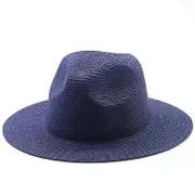 Large Size New Natural Panama Straw Hat Summer Men Women Wide Brim Beach UV Protection Fedora Sun Hat Navy L59-60cm