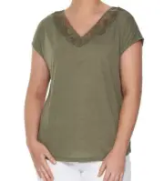 NEW SUZANNE GRAE LACE NECK TEE KHAKI SIZE L, XL
