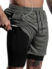 [Livonmone] Mens Sport Shorts Summer 2 in 1 Quick Drying Breathable Fitness Running Shorts Gym Jogger Training Workout Shorts with Pockets