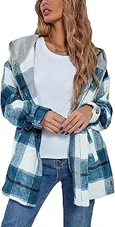 [Bozanly] Women's Oversized Flannel Plaid Shacket Jacket with Hood Long Sleeve Button Down Shirts Hoodie