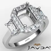 3 Stone Halo Pave Basket Set Diamond Engagement Emerald Semi Mount Ring 0.73Ct