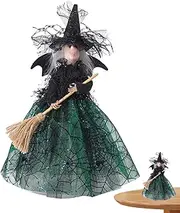 Witch Collectible Figure - Halloween Decoration Witch Tree Topper | Halloween Ghost Festival Witch Doll Tree Top with Spider Web Skirt and Flying Broom for Trees Tabletop Holiday Party Home Deco