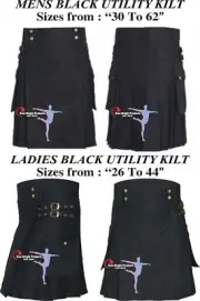 Men's Girls Goth kilt Black Utility Kilt 26" to 62" CLEARANCE SALE