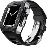 [TIOYW] Carbon Fiber Modification Kit for Apple Watch Series 8, 7, 45mm Metal Bezel+Rubber Strap for iWatch Series 6 SE 5 4 44mm Mod Cover