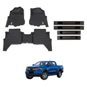 Car Floor Mats + Black Door Sill Protector for Ford Ranger Dual Cab Next-Gen 2022-Onwards