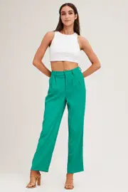 Green Pleat Detail High Waist Pant - Size 14, Women's Hw Slim Leg Pant