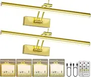 Yuichoy 2 Pack Picture Light Battery Operated for Wall, 16" Wireless Art Lighting for Painting, 6 Colors Picture Frame Lights with Remote, Dimmable 5200mAh Gallery Light, Gold