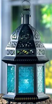 BLUE GLASS MOROCCAN LANTERN ** Christmas, Holidays - LED or Candle ** NIB