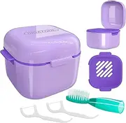 DIDATOOL Retainer Case, Denture Bath, Denture Cups for Soaking Dentures, Denture Pots with Lid, Easy to Carry and Clean Denture Case with Removable Rinse Basket and Finger Toothbrush