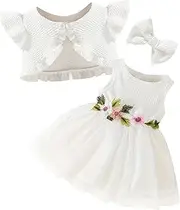 [AIEOE] Christening Dress Baby Girl Set Waffle Jacket + Net Tutu with Flowers + Hair Accessories Baby Dress for Christening Wedding Summer 3 Months - 3 Years, White, 18-24 Months