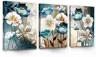 3 Piece Lotus Flower Canvas Wall Art for Living Room White and Indigo Blue Flora