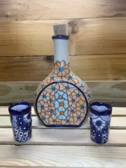 Ceramic Talavera 3 Piece Liquor Tequila Drink Set Decanter Shot Glasses Barware