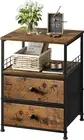 Nightstand, Bedside Table with Fabric Drawers and Open Wood Shelf Storage, Indus