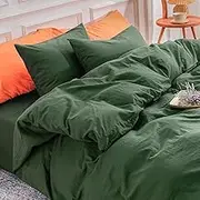 NEXHOME PRO Duvet Cover Set 100% Washed Cotton Full Size Linen Feel Textured Organic Natural 3 Pieces Bedding Set with Zipper Closure and Corner Ties, Breathable and Soft (Forest Green, No Comforter)