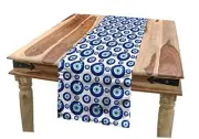 Evil Eye Table Runner, Symmetrical Pattern Runner 12"x72" Blue Pale Blue White