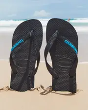 [Havaianas] Havaianas Men's Logo Flip Flops Slippers in Black/Blue Size 41/42 41/42 Black/Blue