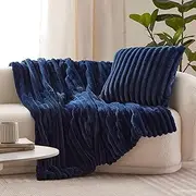 Dreamaker Chunky Embossed Fleece Throw Blanket 170x130cm Cosy Soft Warmth and Comfort Plush Faux Fur Flannel Fleece Throw for Couch Sofa Bed Machine Washable Ribbed Snuggle Rug - Midnight Blue
