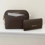 Michael Kors Jet Set Medium Dome Crossbody Bag Large Trifold Wallet Set Brown