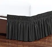 ElegantComfort Three Fabric Sides Wrap Around Elastic Style Solid Easy Off Dust Ruffled Bed Skirts 16 Inch Tailored Drop, Wrinkle and Fade Resistant, Queen/King, Black