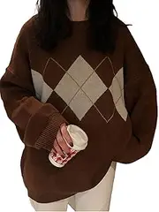 [Karwuiio] Women Argyle Plaid Oversized Sweater Long Sleeve Crewneck 90s Vintage Aesthetic Pullover Top Harajuku Preppy Sweater