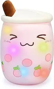 AIXINI Light up Boba Stuffed Plush Bubble Tea Pillow with LED Colorful Night Lights Glowing Super Soft-Pink,13.7''