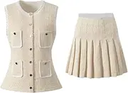 [Generic] Women Knit 2Pcs Set Lady Beading O-Neck Sleeveless Cardigan Pleated Mini Skirt Sets
