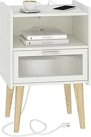 Nightstand with Charging Station, Bedside Tables with Glass Decorative Door, End Table Side Table with 2 Tiers Storage Space, for Bedroom, Living Room, White CAMLBZ07WE
