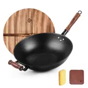 Cast Iron Wok Pan 14.2" Large Wok Stir Fry Pan Flat Bottom Wok with Lid and W...