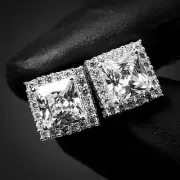 Princess Cut Unisex Square Cubic Zirconia CZ Square Stud Screw Back Earrings