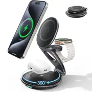 EXW New Magnetic Wireless Charger for Apple Devices, Portable and Foldable for Magsafe Charger, 3 in 1 Charging Station for iPhone 16/15/14/13/12 Series, Apple Watch and Airpods with 30W Adapter