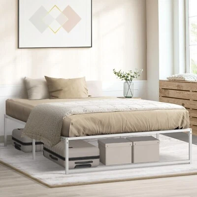 Double Bed Base 37cm Metal Bed Frame with Steel Slat Mattress Support White