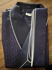 NEW! Manito Silk 100% Mulberry Silk Navy Logo Monogrammed Navy Robe w/ Belt Mens