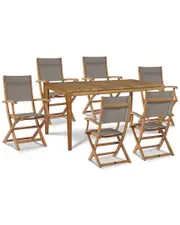 Curated Maison Cateline 7-Piece Rectangular Teak Outdoor Dining Set With Taupe Textilene Fabric