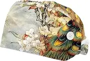[WOSHJIUK] Working Hat 2 Pack Scrub Caps for Women,Colored Feather Peacock Flower,Tie Back Cap Adjustable Scrub Hat