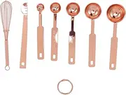 Stainless Steel Measuring Spoons Set 7 Piece, Stackable with Leveler and Egg Beater, Storage Rings for Baking Cooking Kitchen, Lightweight (Rose Gold)