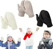 [YCZARD] 3Pairs Toddler Gloves Ages 4-9 Years, Winter Baby Warm Mittens Cute Stretch Full Finger Knitted Gloves Winter Warm Kids Gloves, Black, One Size