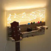 Light up Guitar Stand Wall Mount Wood Hanger Shelf Pick Holder 3 Hooks Acoustic