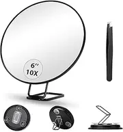 Hmggoofa Round 10X Magnifying Mirror, 6inch Travel Magnifying Mirror with Suction Cups and Adjustable Stand for Handheld,Table,Wall-Mounted, Portable Makeup 10X High Magnification and Tweezers Set