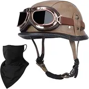 German Style Leather Open Face Half Helmet Retro Street Motorcycle Helmet Chopper Pilot Moped Scooter Helmet for Men Women, DOT Approved with mask Goggles