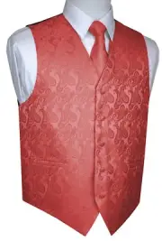 MEN'S CORAL PAISLEY FORMAL TUXEDO VEST, TIE & HANKIE SET. WEDDING, FORMAL, PROM
