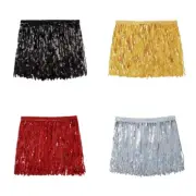 Womens Belly Dance Elastic Waist Fringed Skirt Sequins Tassels Hip Scarf