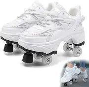 [AMMFIT] Roller Skate Shoes with Brake, Walk Deformation Shoes with Double-Row Wheels for Kids and Adults Technical Skateboarding Shoe with Deformed Wheels,White1-10