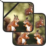 2 Pack Pot Holders for Kitchen Heat Resistant Potholders Cute Squirrels Pot Holders Set Washable Hot Pads with Loop Non Slip Potholders for Cooking Baking BBQ Microwave 8 x 8 Inch